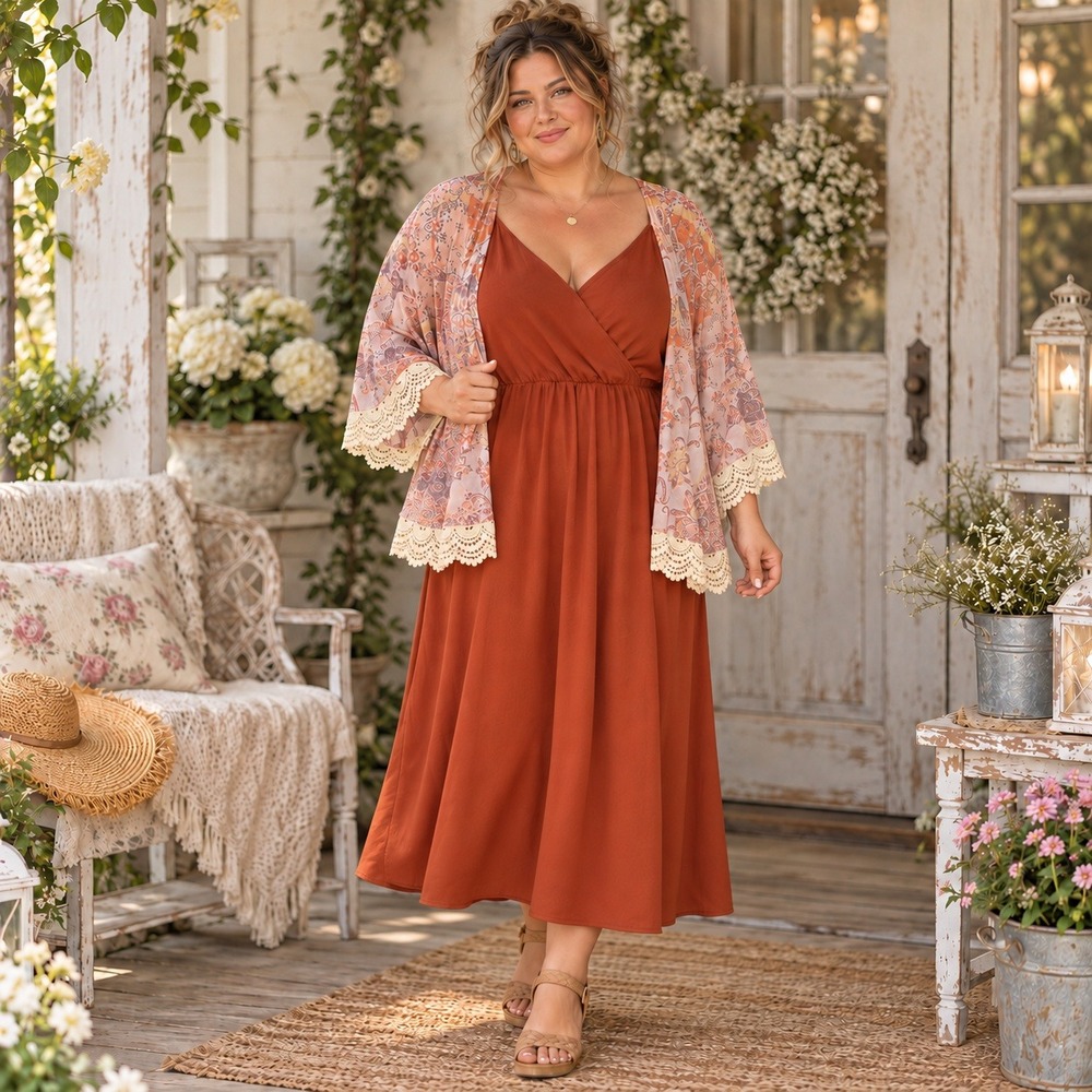 91. 2X Set:  Rust Midi Dress & Paisley Lace Kimono Size 14/16W Boho, Cottagecore